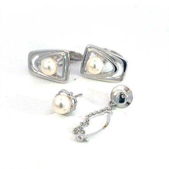 Mikimoto Estate Akoya Pearl Cufflinks + Tie Pin Set Sterling Silver 7.20 mm M384 - Picture 7 of 8